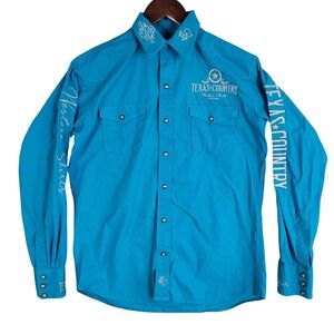 Rodeo Carte Western Wear Shirt L Blue Teal Texas Embroidered Pearl Snap Cowboy